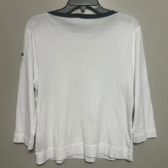 Ralph Lauren Women's Top XL White Navy Nautical Button Shoulder 3/4 Sleeve Tee - Picture 2 of 9